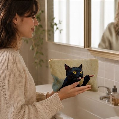 pochette cosmétique femme devant miroir