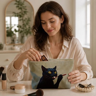 pochette cosmétique velours motif chat