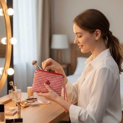 pochette de maquillage avec femme sur coiffeuse