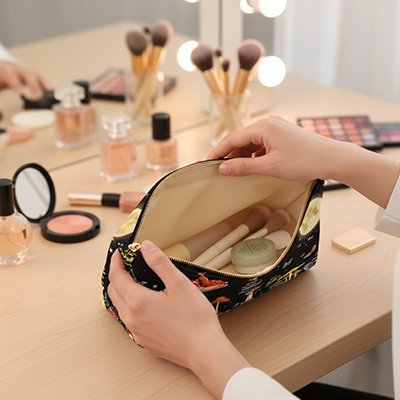 Pochette de maquillage ouverte sur bureau