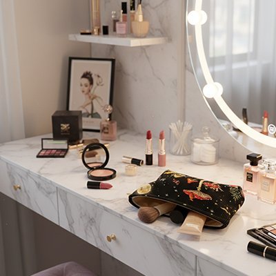 pochette de maquillage sur bureau