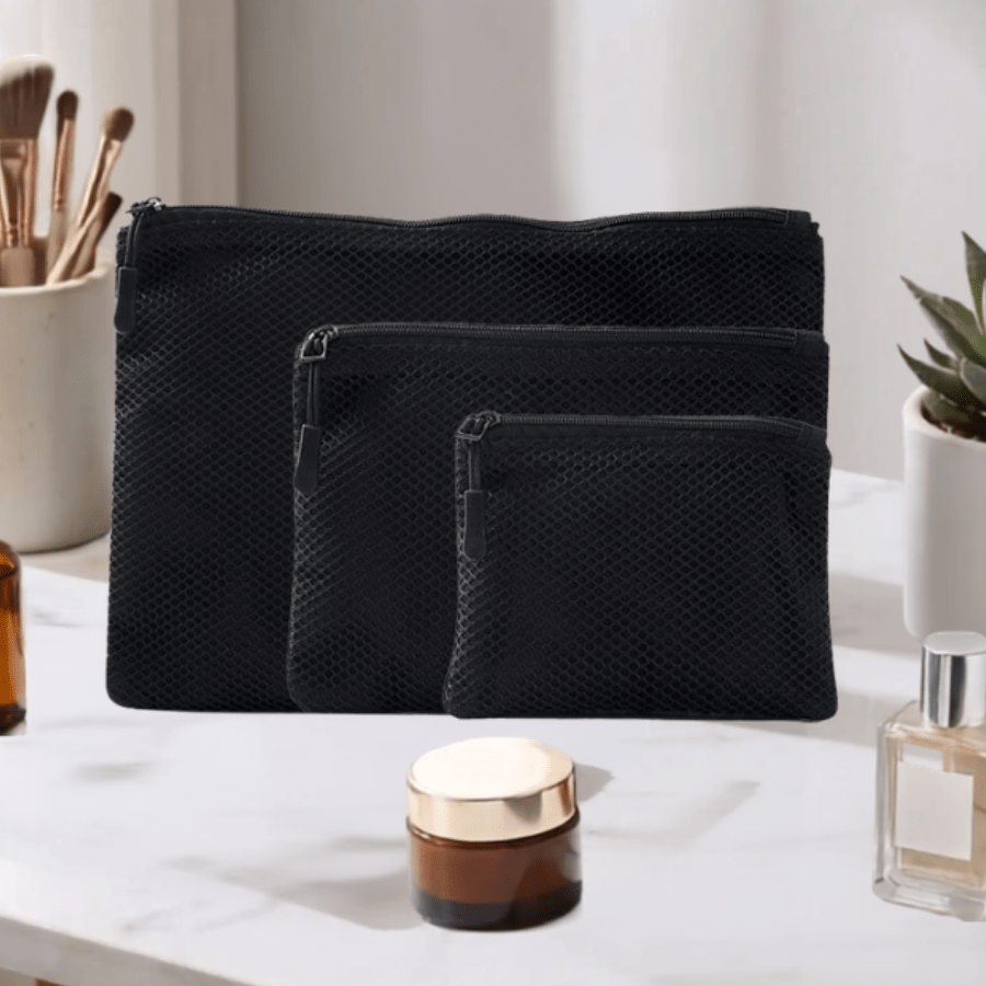 pochette de rangement maquillage maille noir