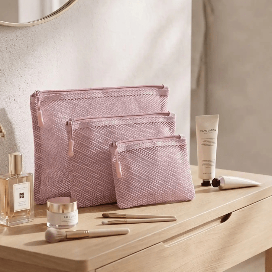 pochette de rangement maquillage maille rose