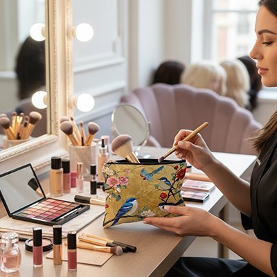 pochette maquillage avec femme sur bureau