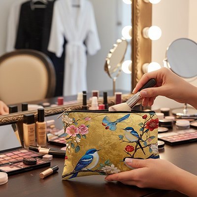 pochette maquillage jaune motif oiseaux