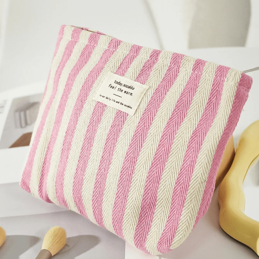 pochette maquillage rose rayure verticale