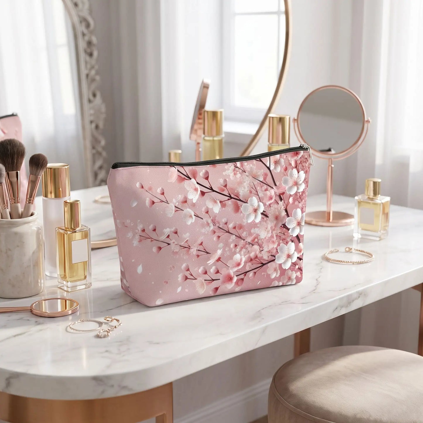 pochette maquillage sur coiffeuse avec produits beauté