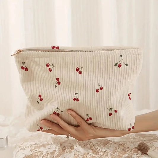 pochette maquillage velours côtelé motif cerisier