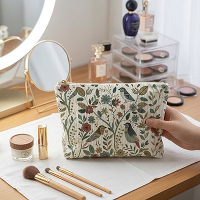 Pochette pour maquillage sur coiffeuse