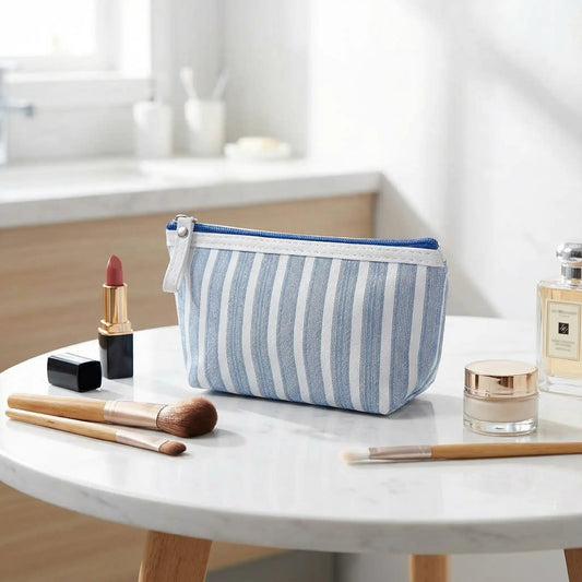 pochette pour maquillage bleu rayure
