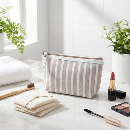 pochette pour maquillage rayure beige t blanc