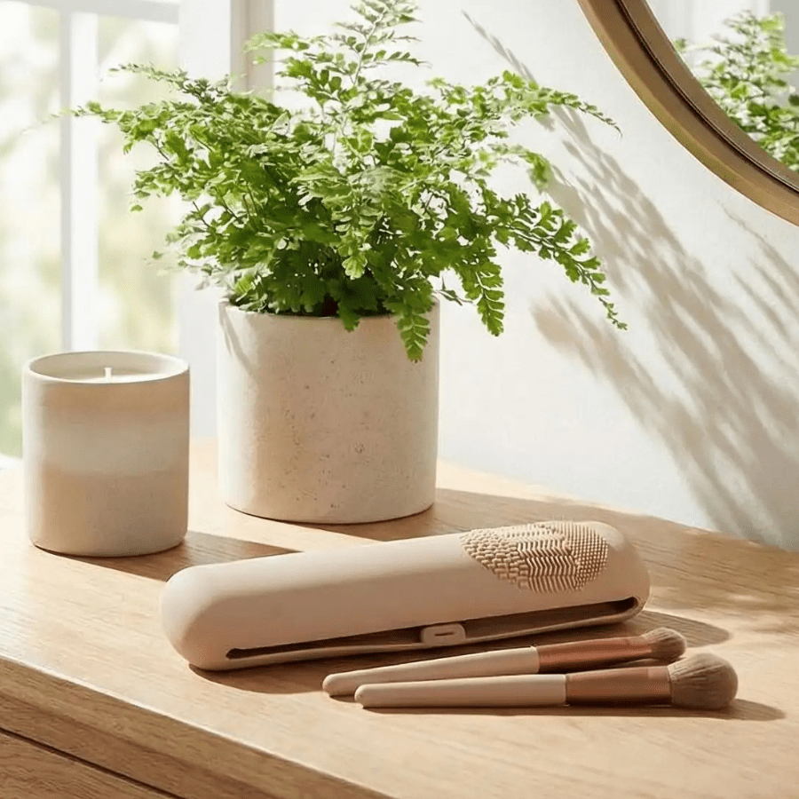 pochette pour pinceaux maquillage beige silicone souple