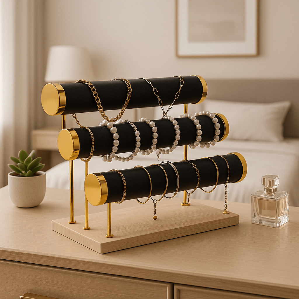 portant à bijoux noir avec rouleau de velours