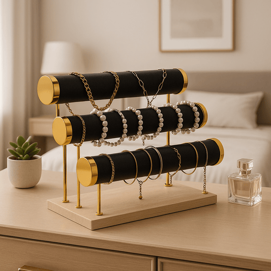 portant à bijoux noir avec rouleau de velours