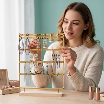 porte boucle oreille doré en bois