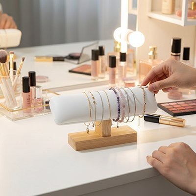 Porte bracelet​  blanc en velours base en bois