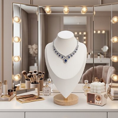 Porte collier bustier blanc sur bureau