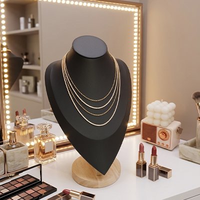 Porte collier noir bustier sur coiffeuse