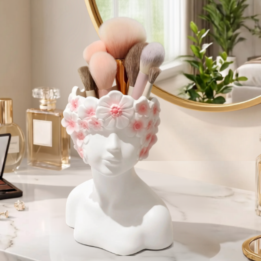 pot de rangement pinceau maquillage avec couronne fleur 