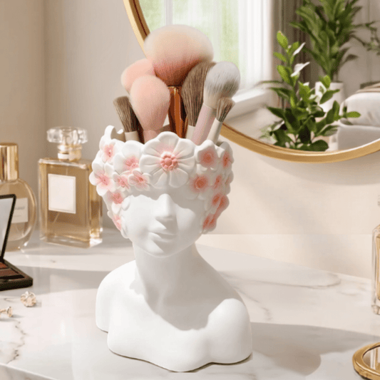 pot de rangement pinceau maquillage avec couronne fleur 
