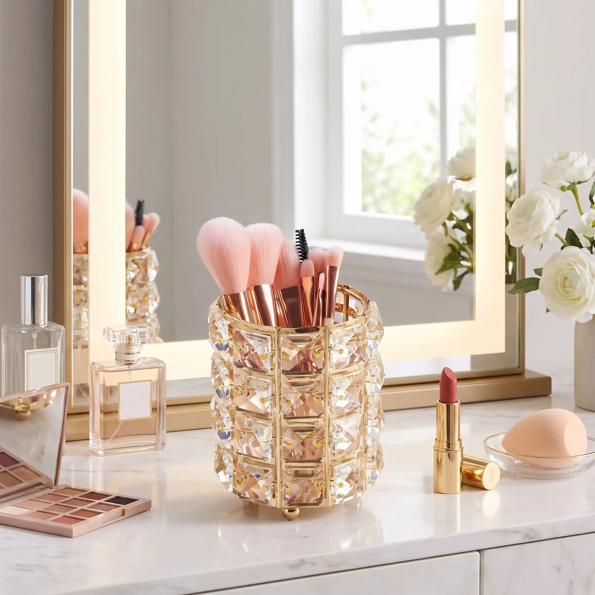 pot pinceaux maquillage or motif cristal