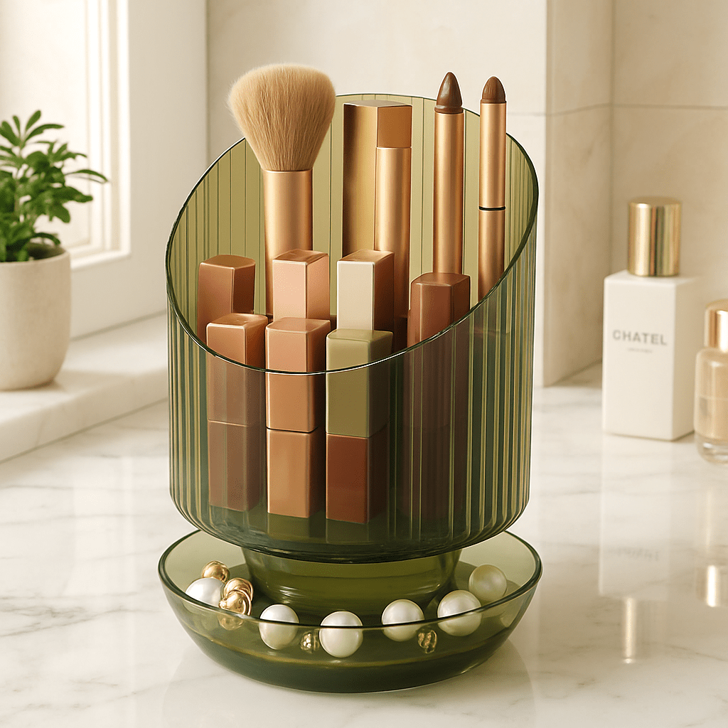pot pour pinceaux maquillage vert plastique rotatif
