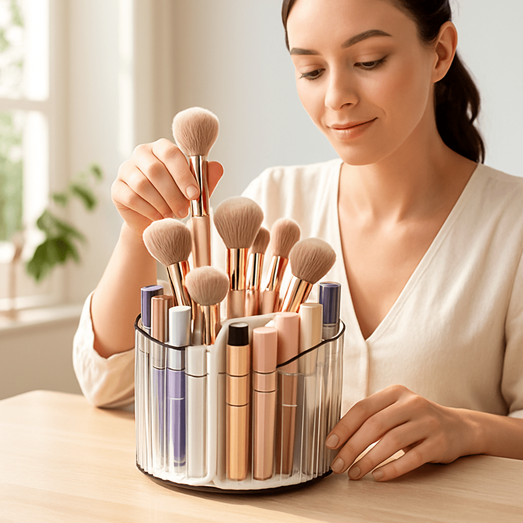 pot pour pinceaux maquillage avec femme