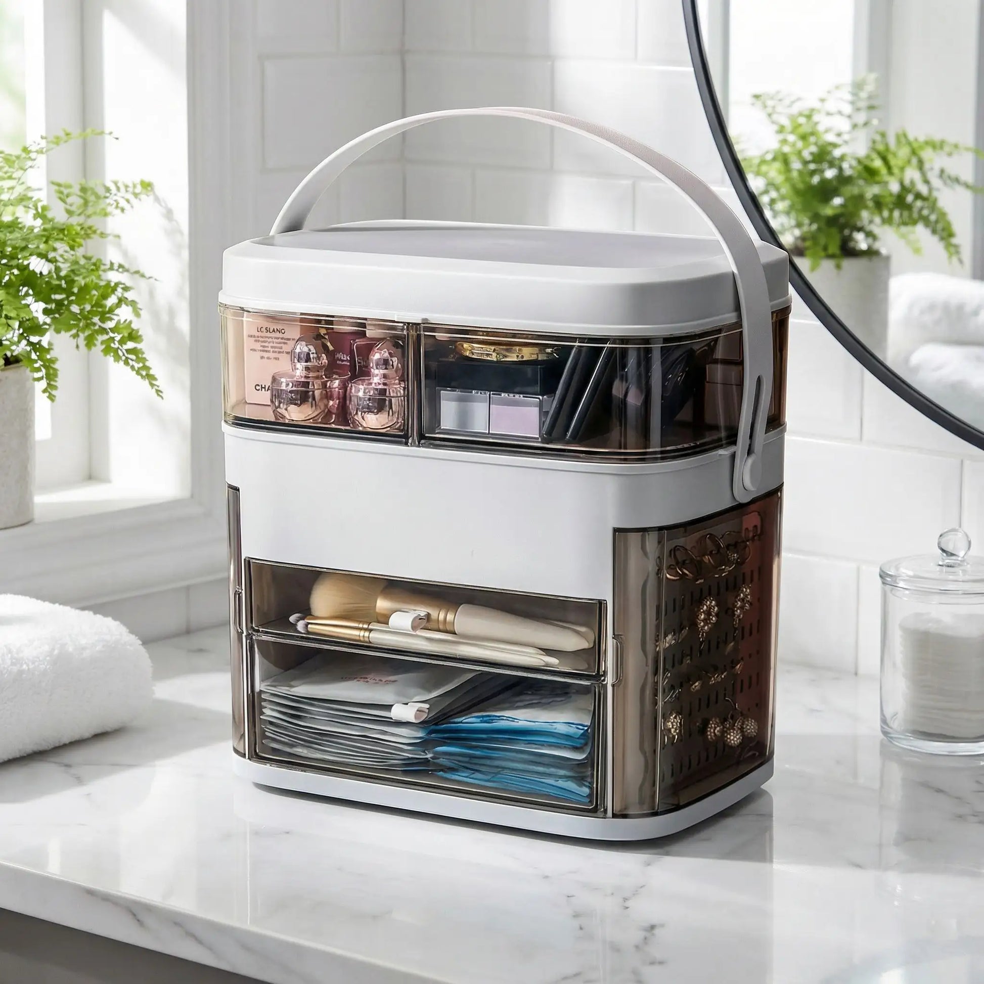 rangement-maquillage-blanc avec miroir led