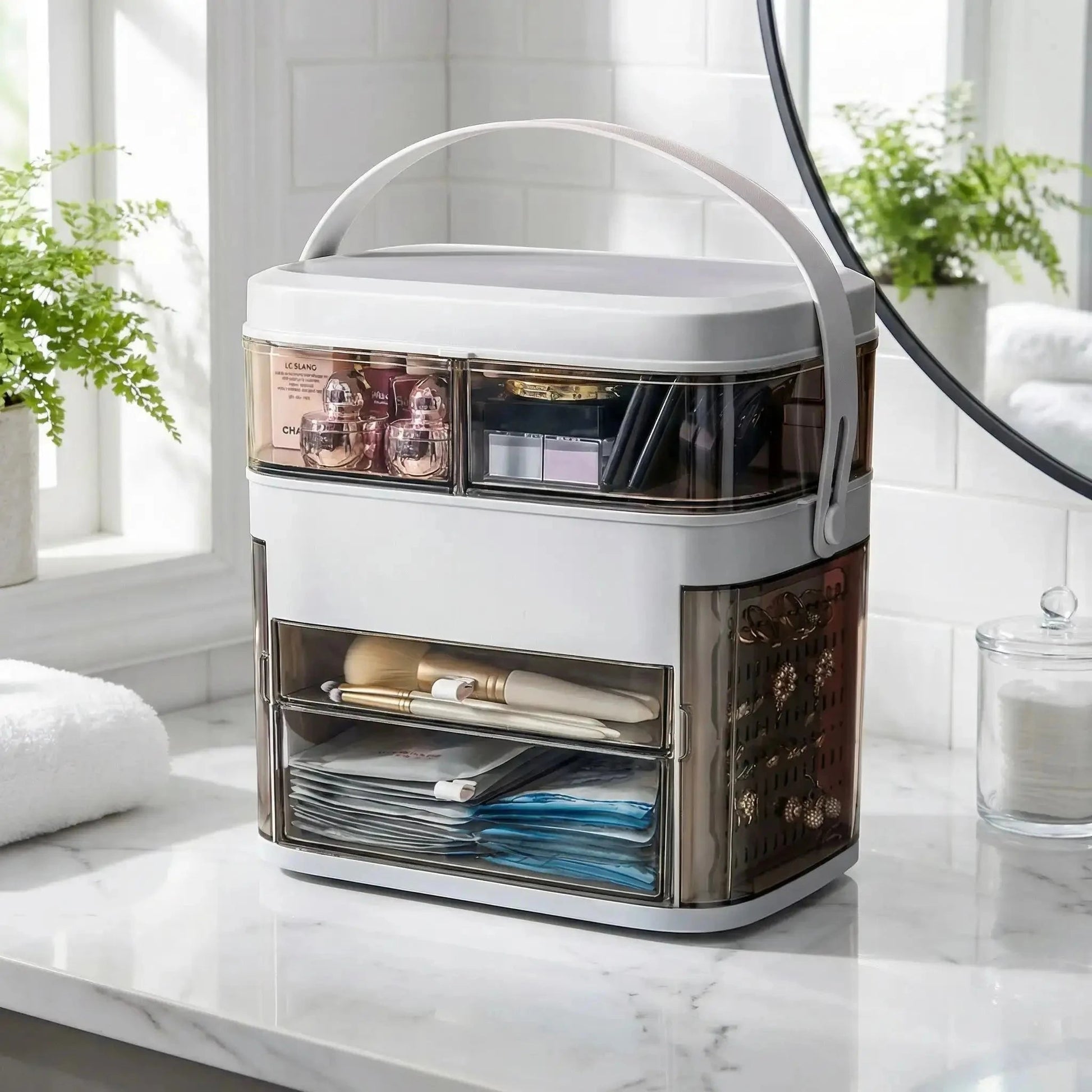 rangement-maquillage-blanc avec miroir led