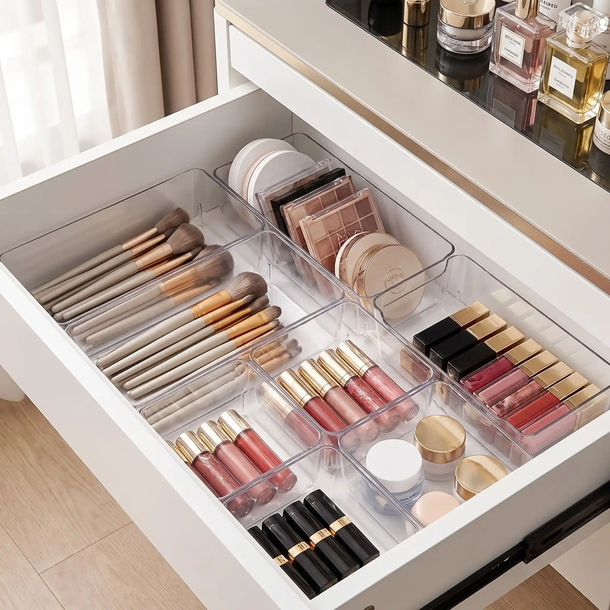 rangement maquillage tiroir transparent ensemble sept pièces
