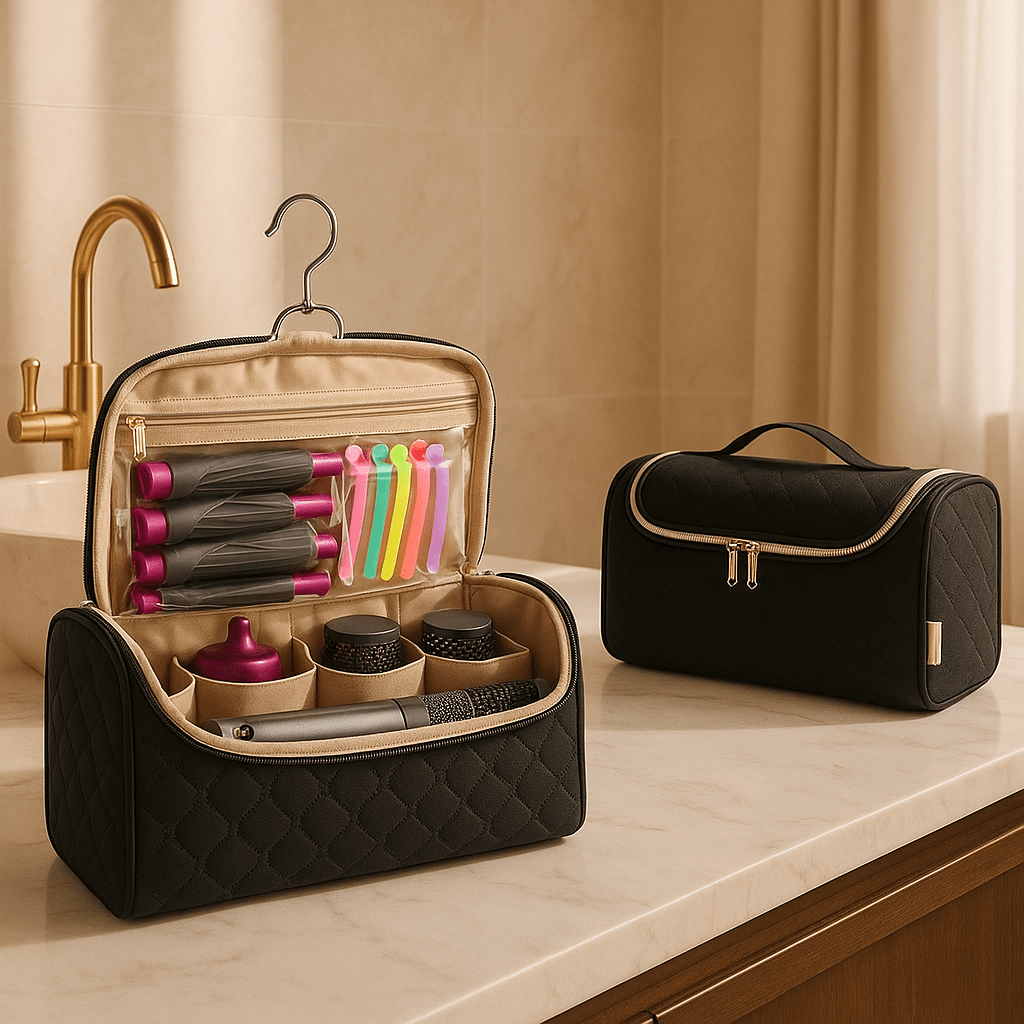 Sac de rangement  noir pour soin capillaires dans salle de bain