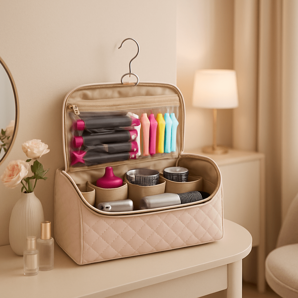 Sac de rangement rose dans une chambre