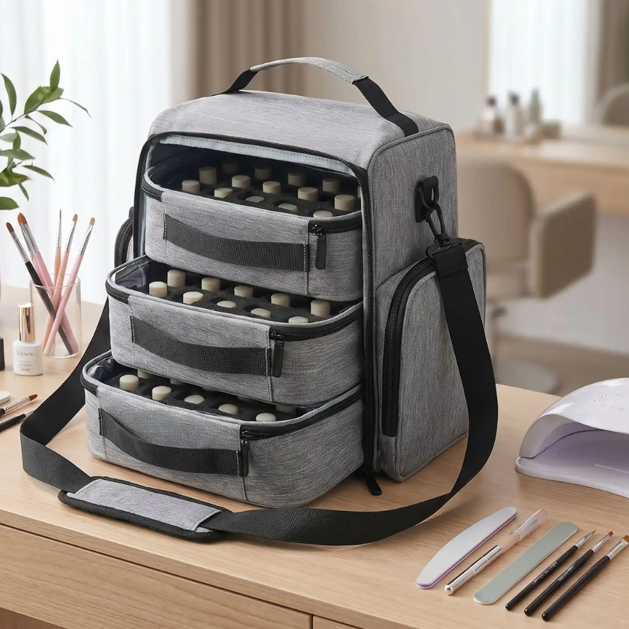 sac de rangement vernis ongles gris avec trois trousses