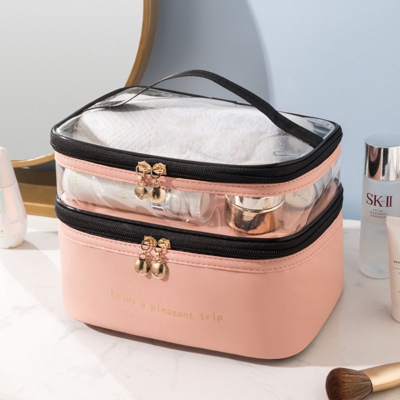 Trousse à maquillage rose fermeture éclair noir  Dessus Transparent  La trousse Beauté