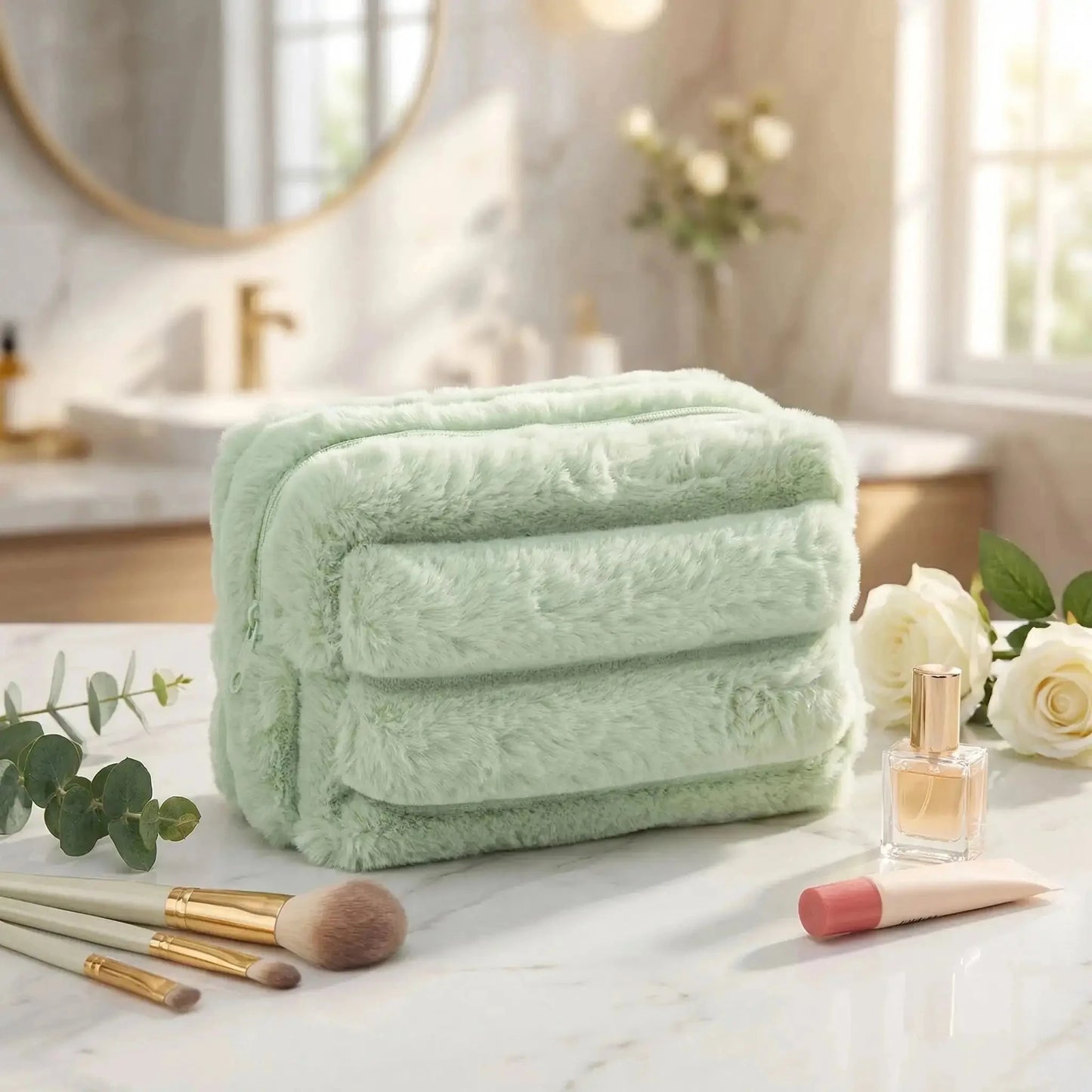 trousse à maquillage verte peluche douce
