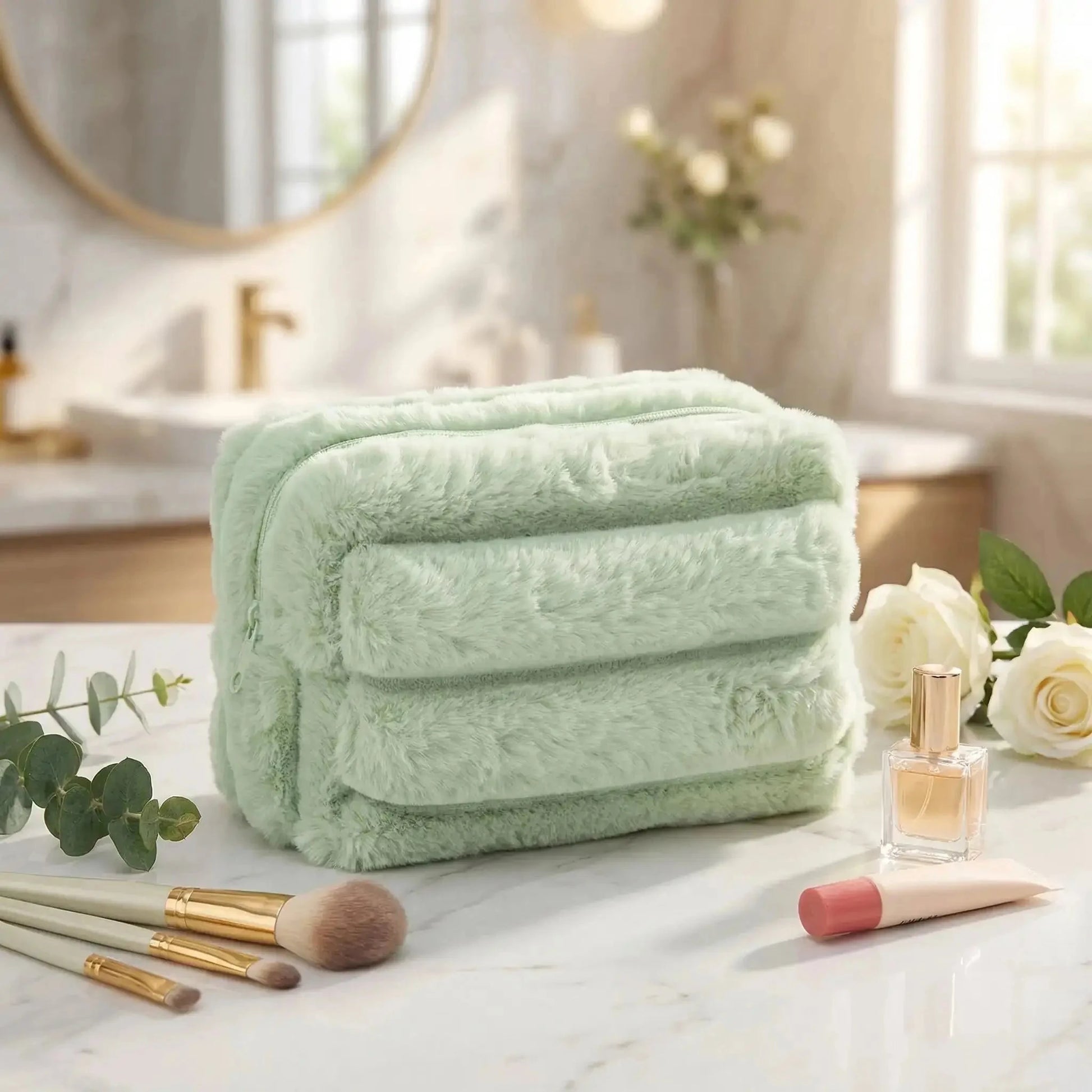 trousse à maquillage verte peluche douce