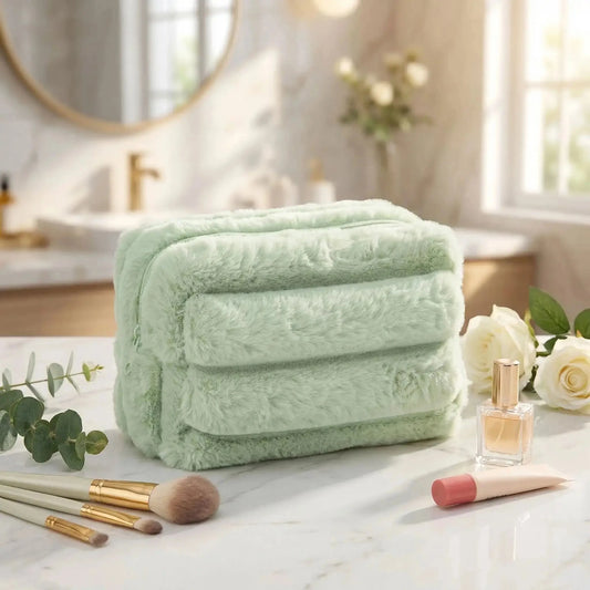 trousse à maquillage verte peluche douce