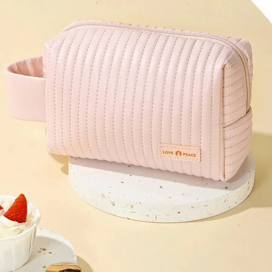 Trousse à maquillage rose à rayure vertical simili cuir