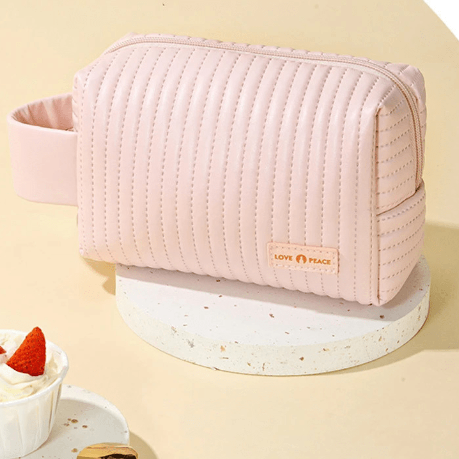 Trousse à maquillage rose à rayure vertical simili cuir