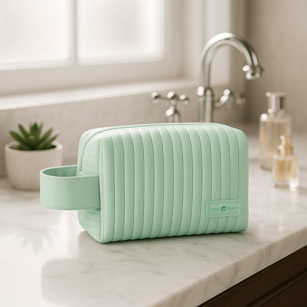 Trousse à maquillage vert sur une vanité de salle de bain