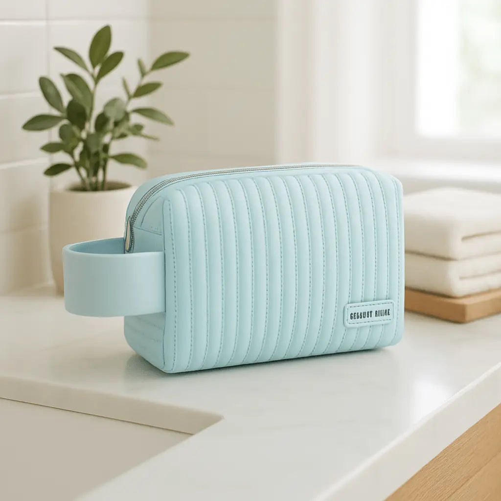 Trousse à maquillage bleu dans une salle de bain