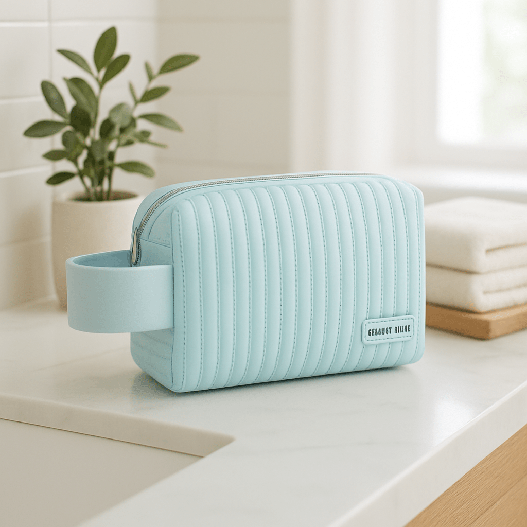 Trousse à maquillage bleu dans une salle de bain