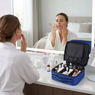 Trousse a maquillage bleu femme devant miroir