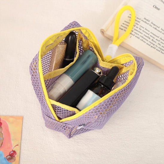 Trousse a maquillage jaune violet transparent en maille