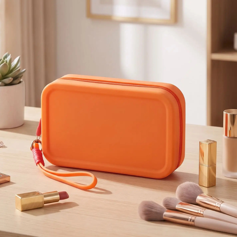 trousse à maquillage orange en silicone