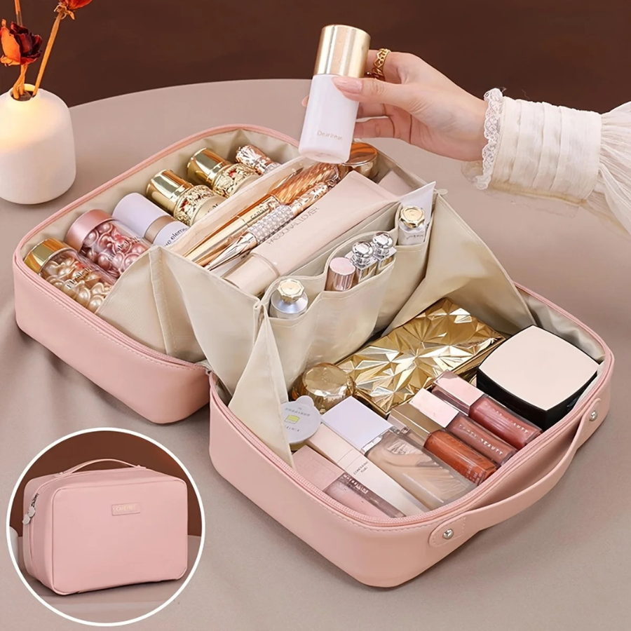 trousse a maquillage cuir pu rose compartiment intérieur