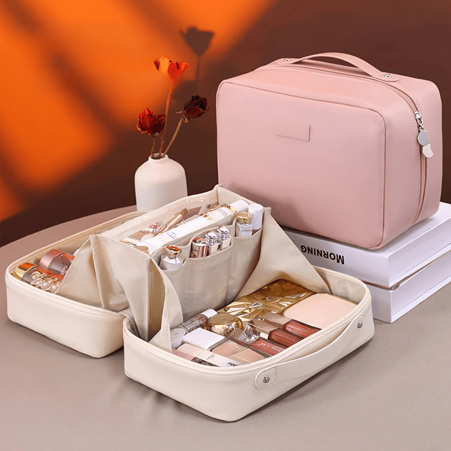 Trousse a mquillage rose beige en cuir pu