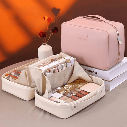 Trousse a mquillage rose beige en cuir pu