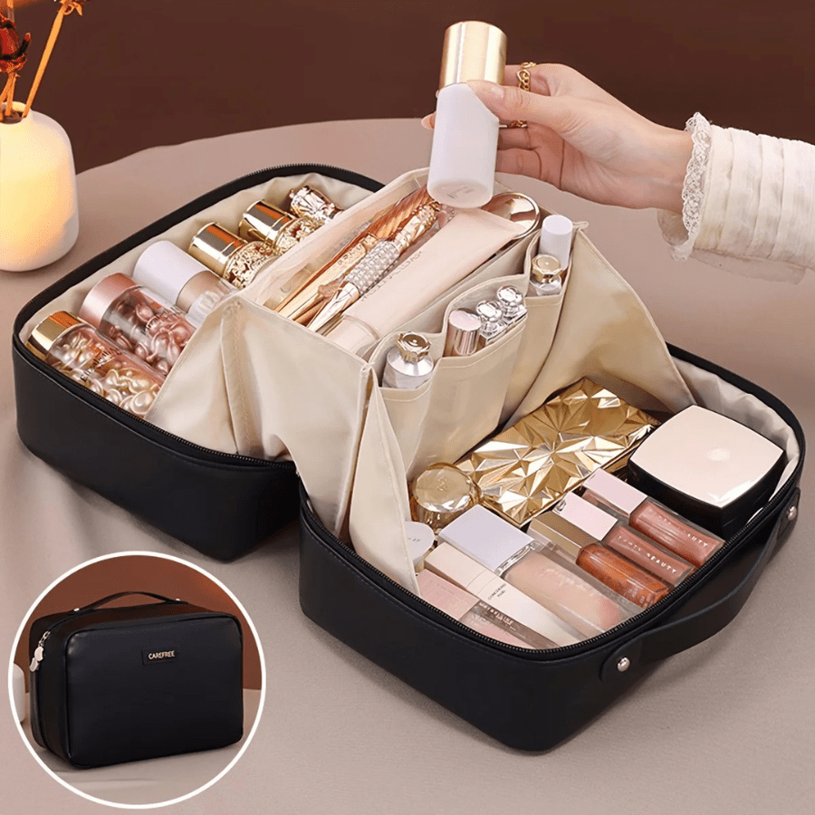 trousse a maquillage noir simili cuir intérieur beige