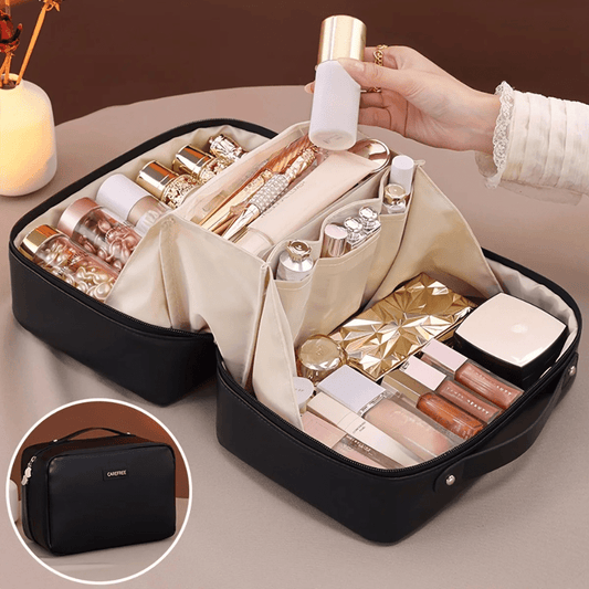 trousse a maquillage noir simili cuir intérieur beige